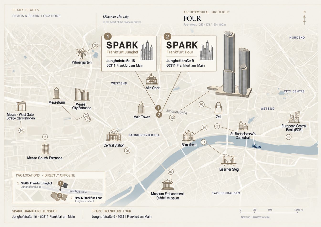 Illustrated map of central Frankfurt with SPARK Junghof, SPARK Frankfurt Four and 15 highlights