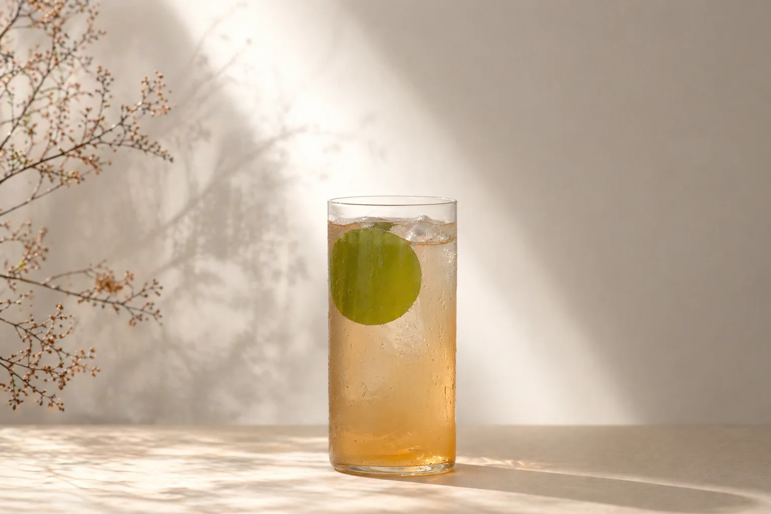 Highball at THE EMBER bar — copper light, soft shadow of branches on the wall