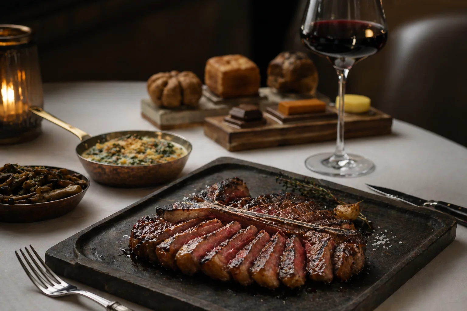THE EMBER signature T-bone — sliced over hot stone, with house bread, dark chocolate, butter and a glass of red