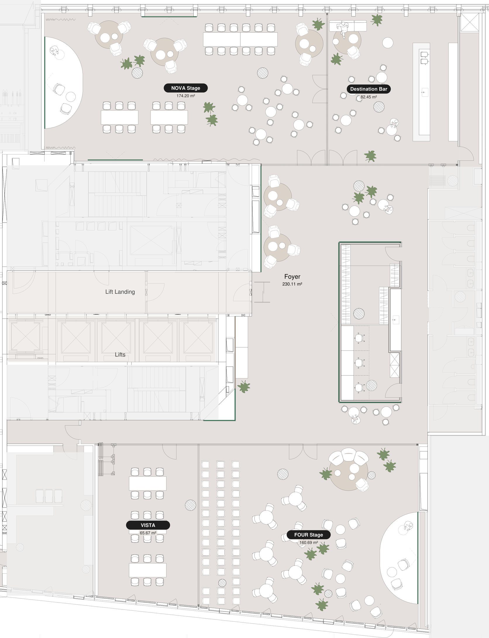 Floor plan SPARK FOUR with NOVA Stage, Destination Bar, Foyer, Vista and FOUR Stage
